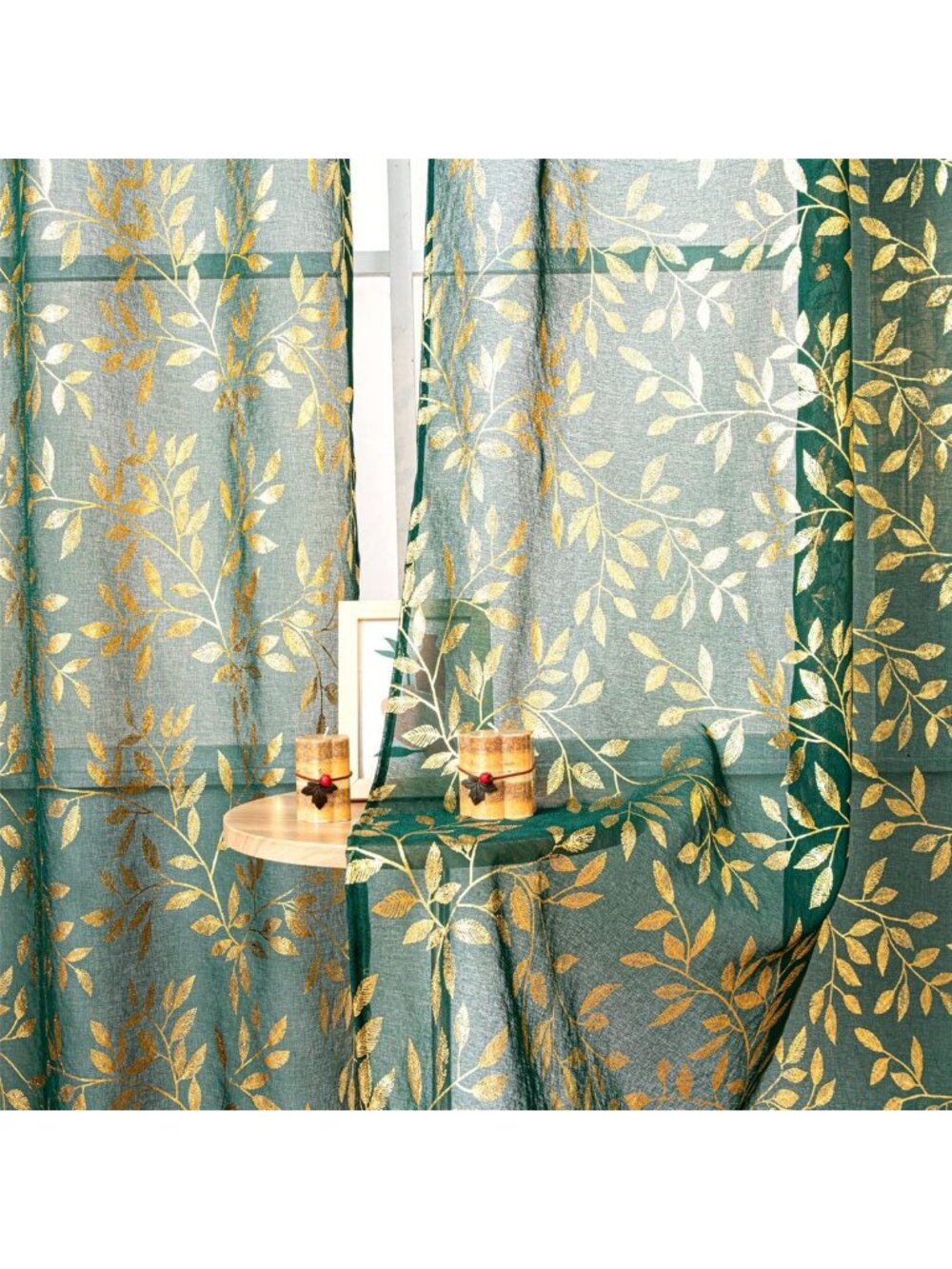 Elegant Sheer Curtains 96" Long, Metallic Vine Print, Dark Green Drapes, 2